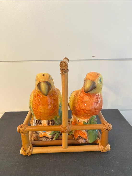 Other - Vintage Ceramic Parrot Salt & Pepper Shakers Bamboo Holder Kitchy Retro Kitchen